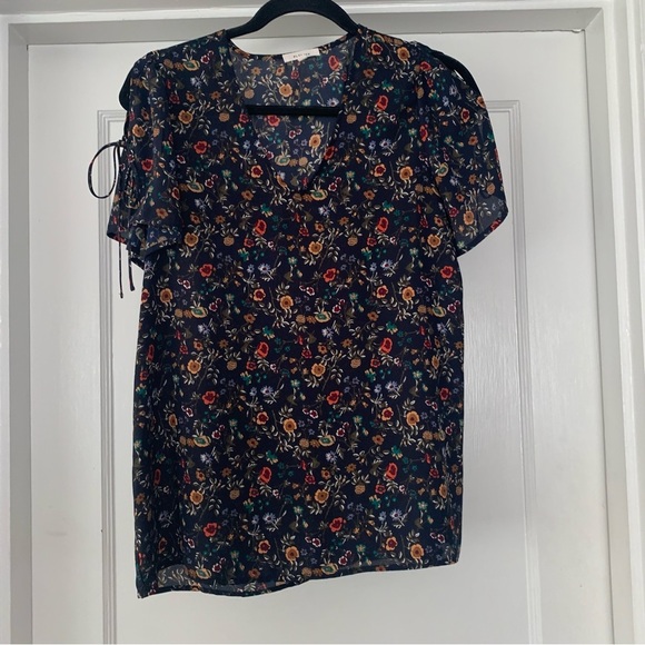 Pleione Shirt Womens Small Cold Shoulder Sleeves That Tie Navy Blue Floral Print - Picture 1 of 8